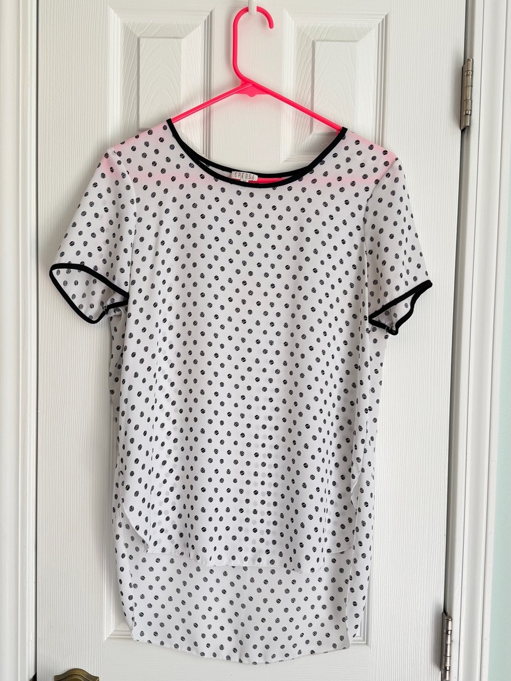 Spense White Short Sleeve Polka Dot Blouse with Black Trim